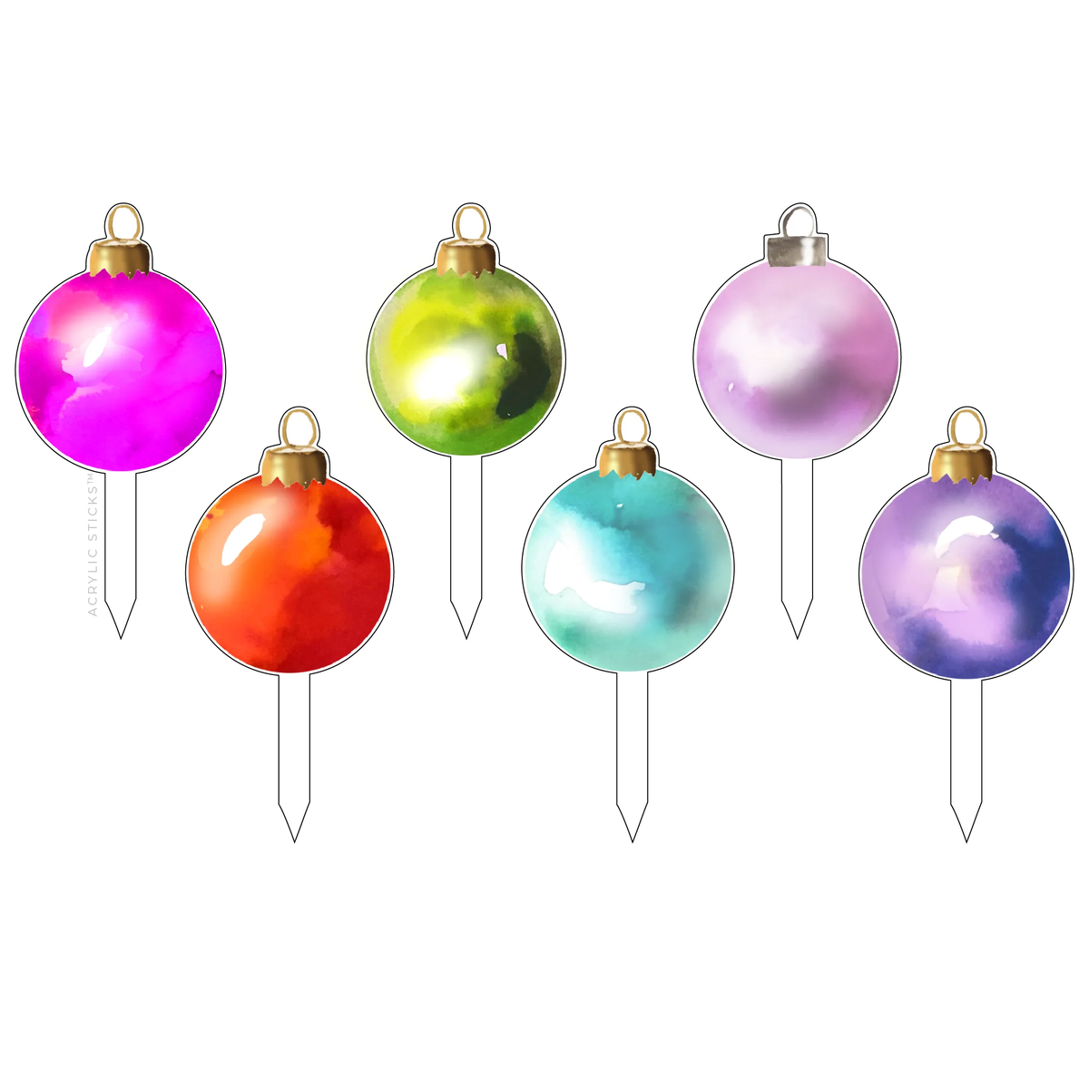 Set of six three-inch tall clear acrylic party pik sticks with sharp edges.