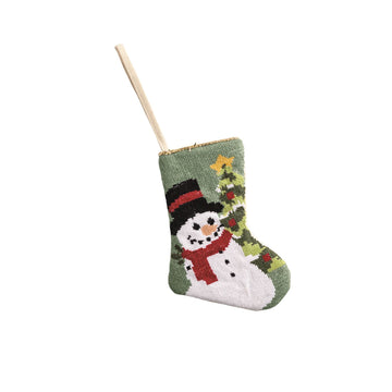 Mini needlepoint stocking in red canvas with gold trim.
