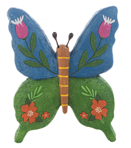 Multi-colored decorative rock with a blue-green butterfly and floral botanical pattern.