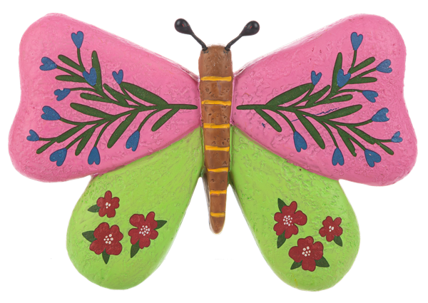 Multi-colored decorative rock with a pink butterfly and green floral botanical pattern.