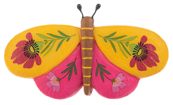 Multi-colored decorative rock with a yellow butterfly and pink floral botanical pattern.