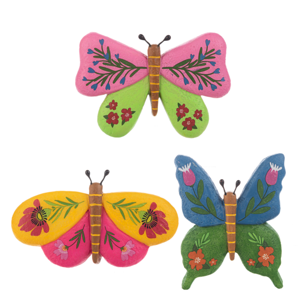 Multi-colored decorative stone rock with a butterfly and floral botanical garden art pattern.