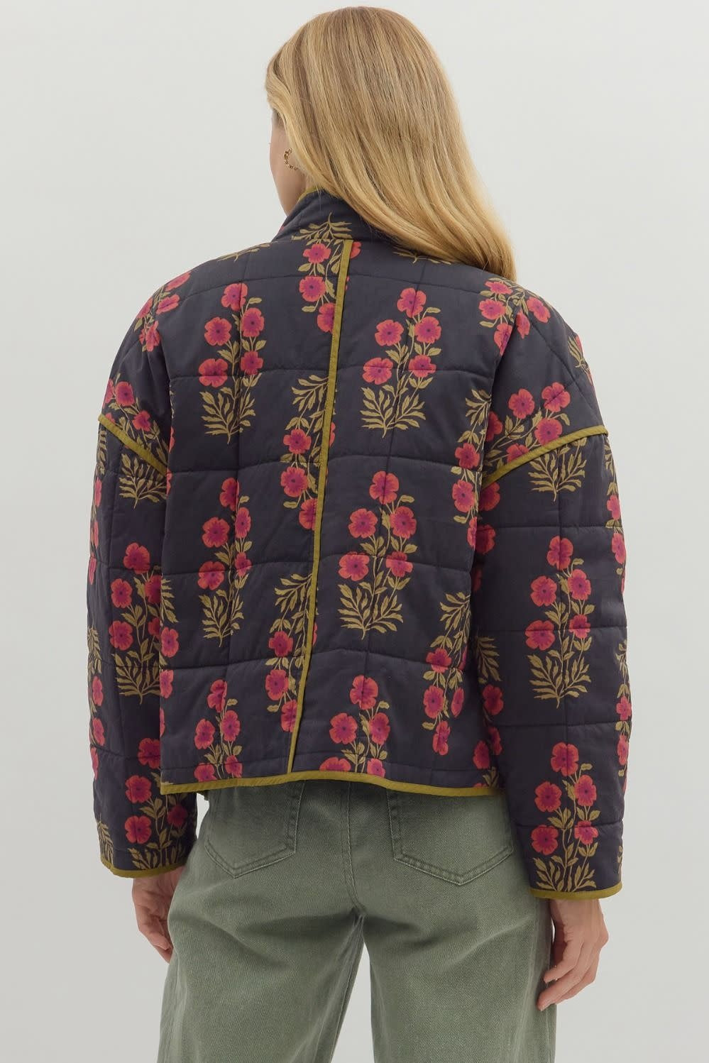 Black quilted botanical jacket with contrast binding on back