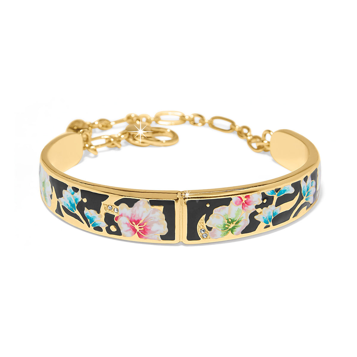 Gold plated bar bracelet with lobster claw closure featuring fine quality crystals.