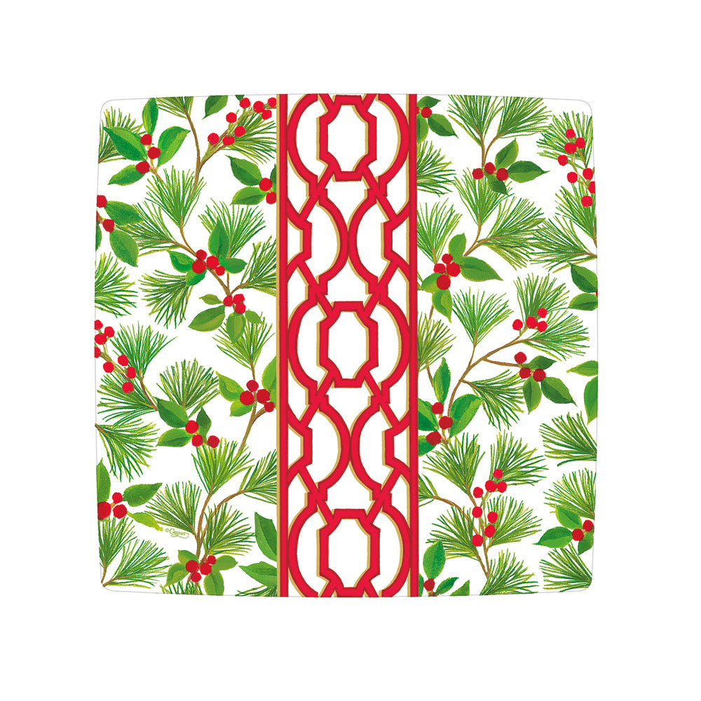 Square white plate with green pine needles, red berries, and a central red geometric knot pattern.