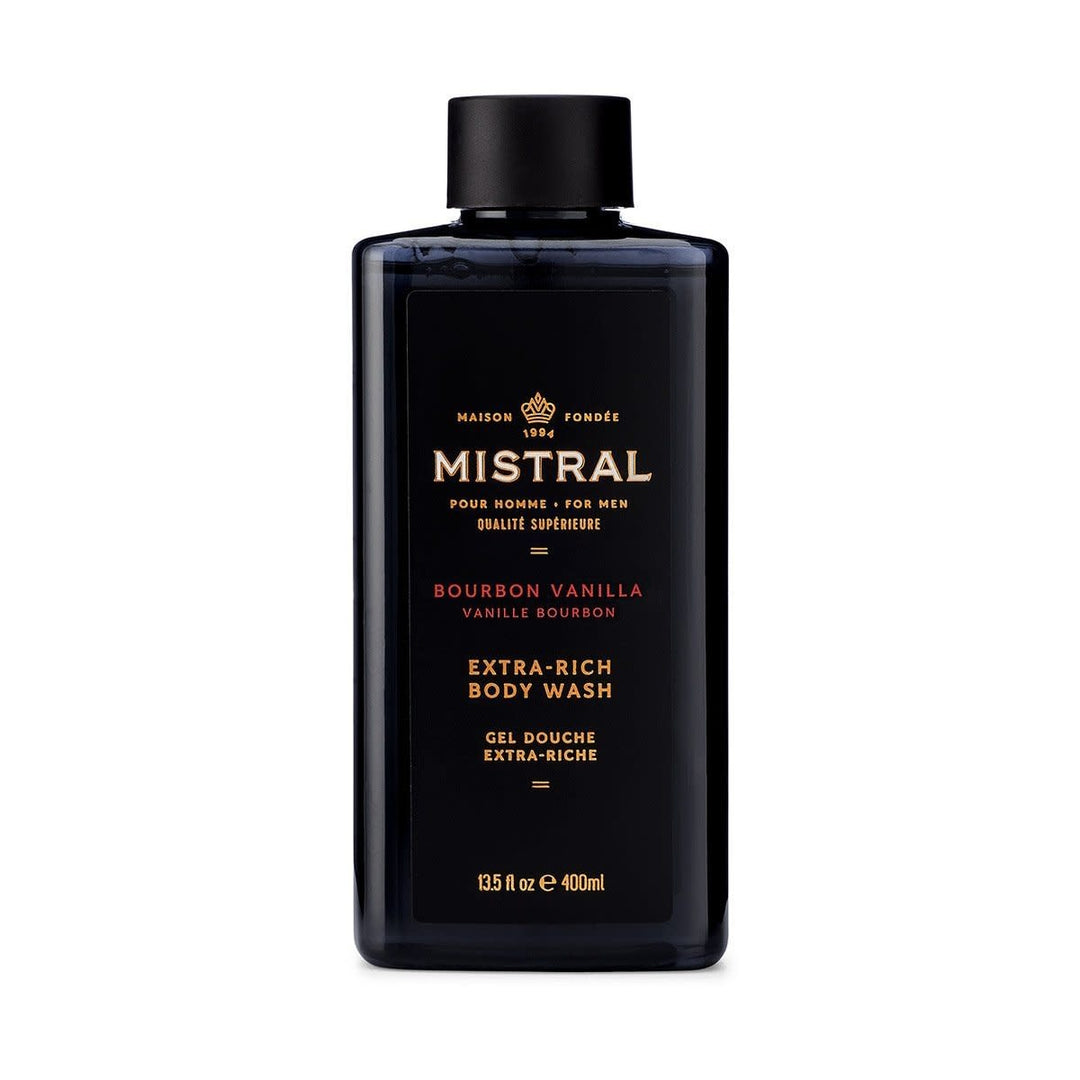 Bottle of Bourbon Vanilla Body Wash with a clear liquid inside.