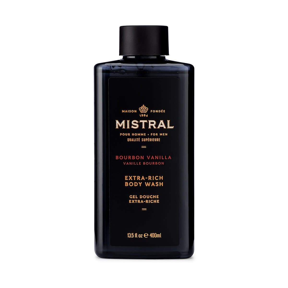 Bottle of Bourbon Vanilla Body Wash with a clear liquid inside.