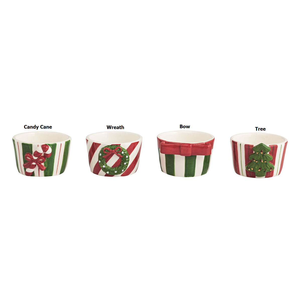 Small red Christmas-themed ceramic bowl with a bow handle.