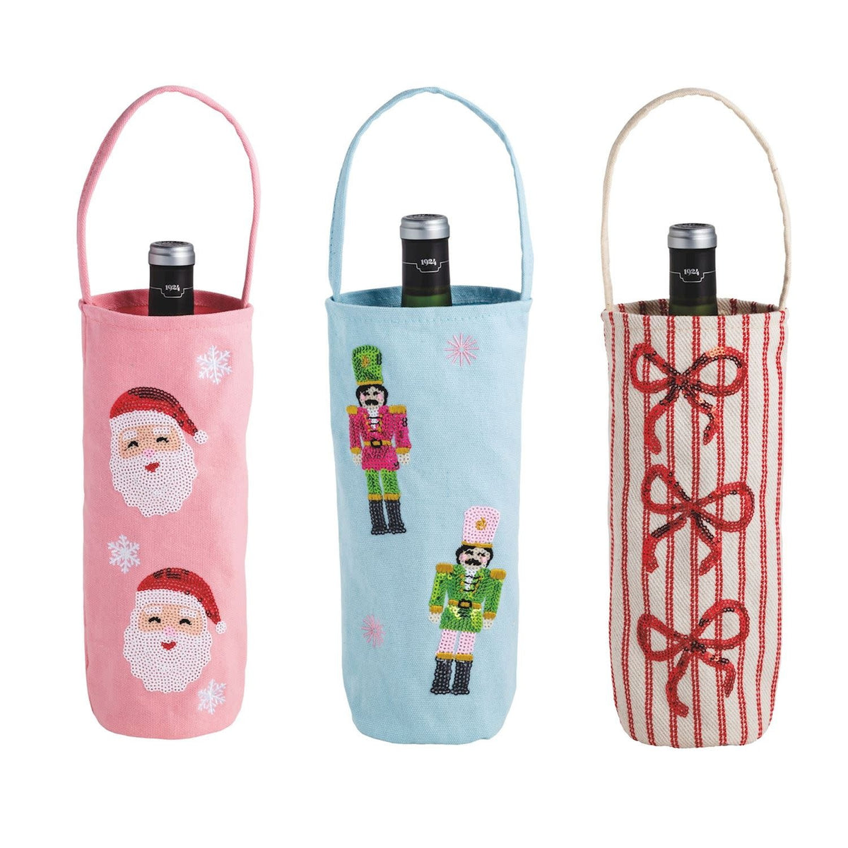 Canvas wine bag with sequin icons in festive colors