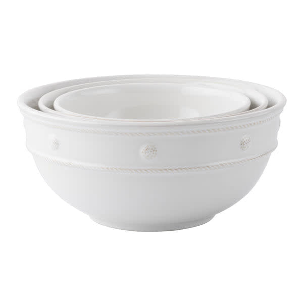 Whitewash ceramic nesting serving bowl with natural wood grain texture