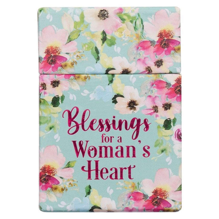 Robin's egg blue box with flowering blossom design containing double-sided blessing cards.