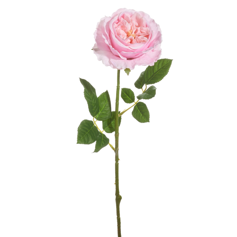 Pink polyester rose spray with a single bloom measuring four point two five inches wide on a twenty-five inch stem.