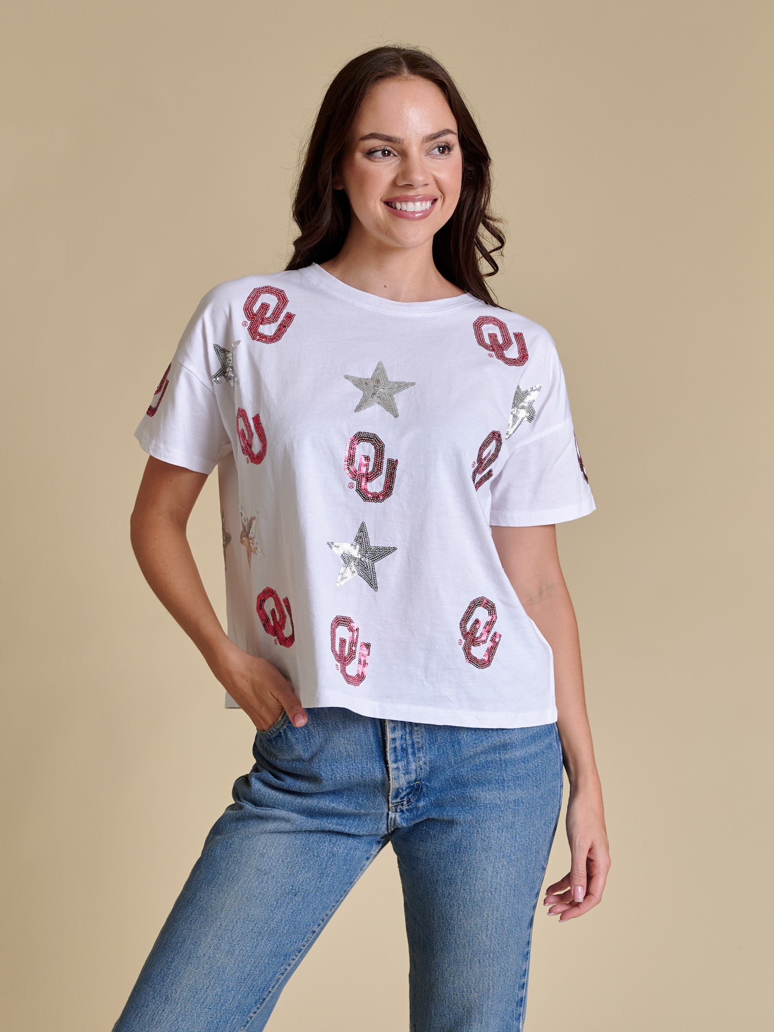Boxy sequin tee in silver with a relaxed fit