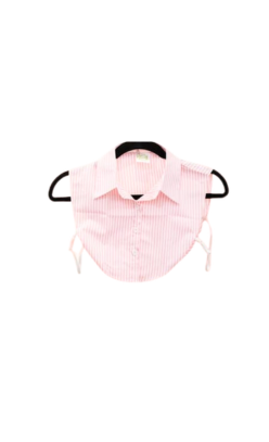 Pink and white striped detachable faux collar with buttons and elastic side straps on a hanger.