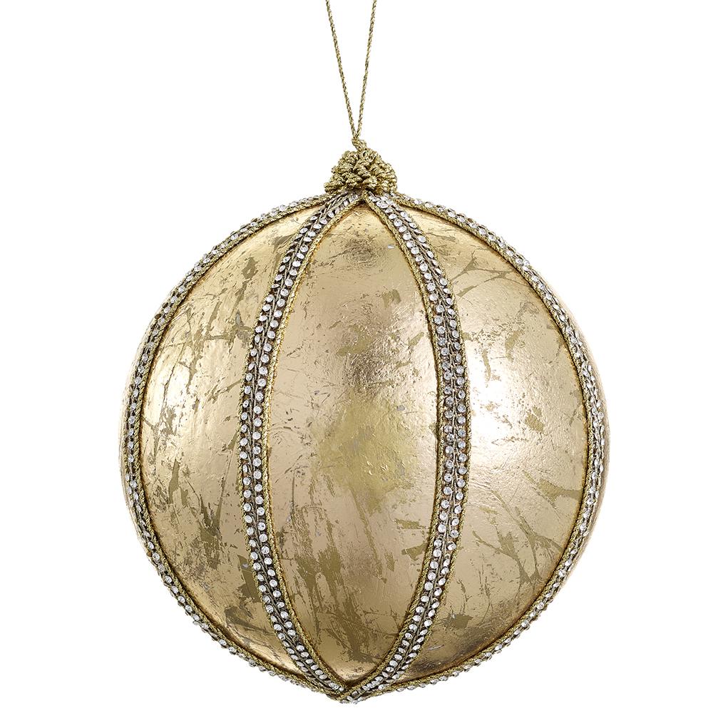 Gold metallic yarn ball ornament with diamond-shaped trim accents