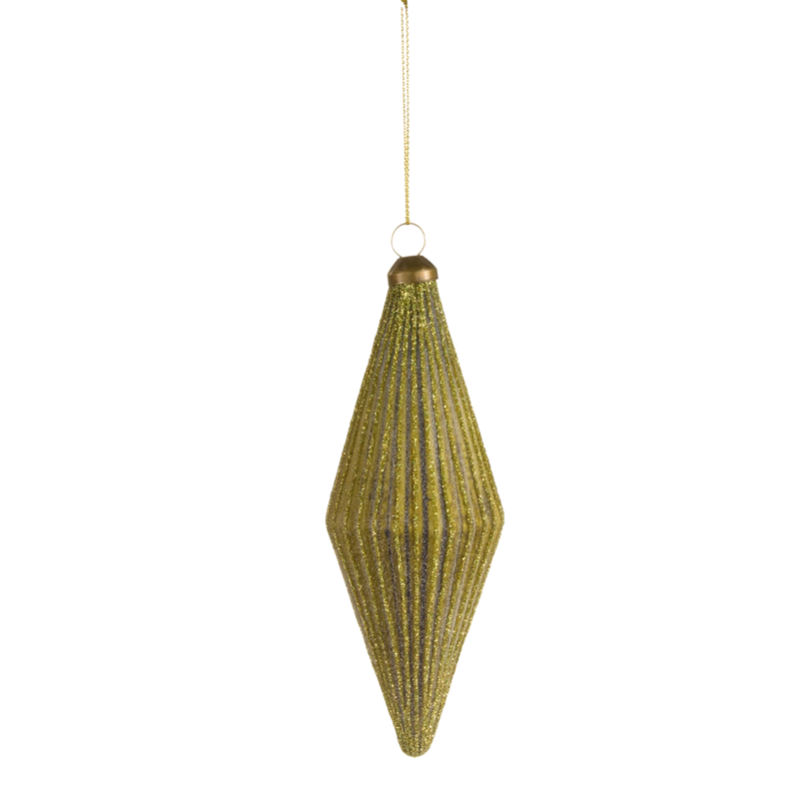5.5-inch gold ribbed glass finial ornament with glitter finish and hanging loop.
