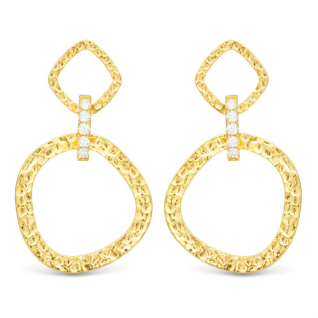 Sydney gold hammered drop earrings with white cubic zirconia vertical links.