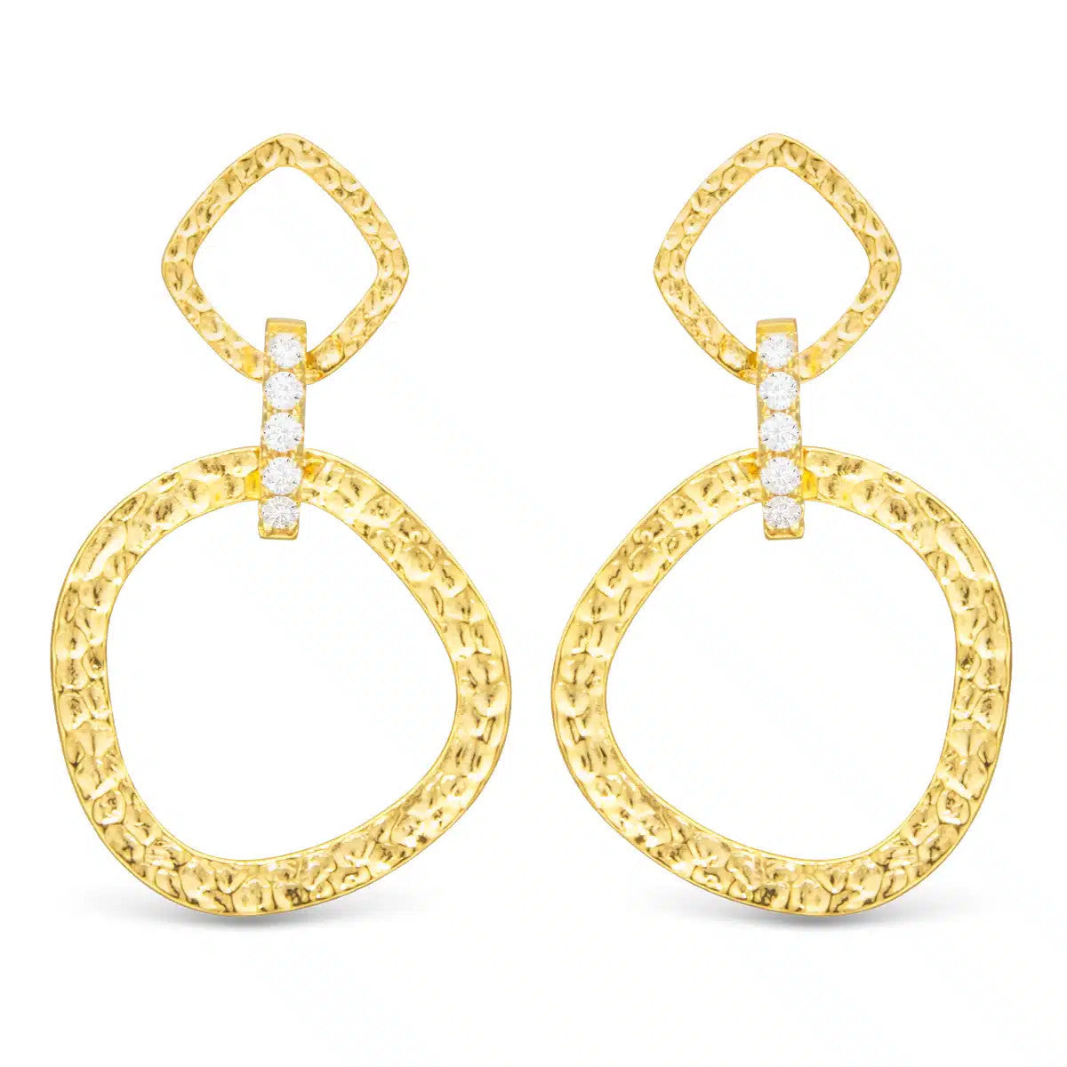 Sydney gold hammered drop earrings with white cubic zirconia vertical links.