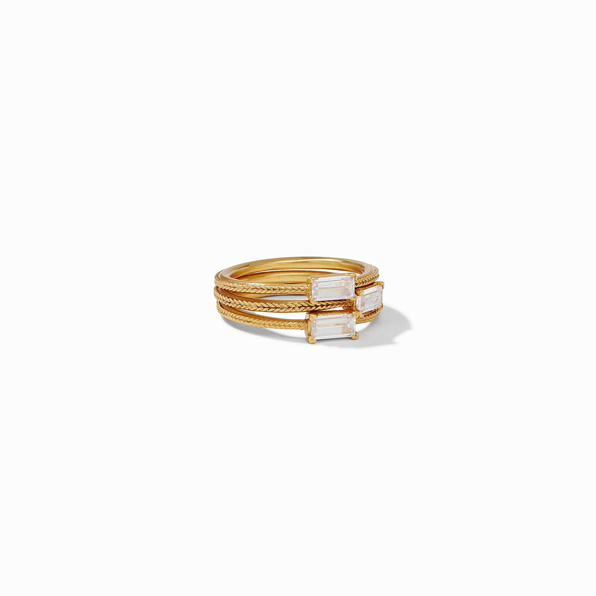 Windsor Trio Ring set featuring three 24K gold plated bands with baguette-cut cubic zirconia stones.