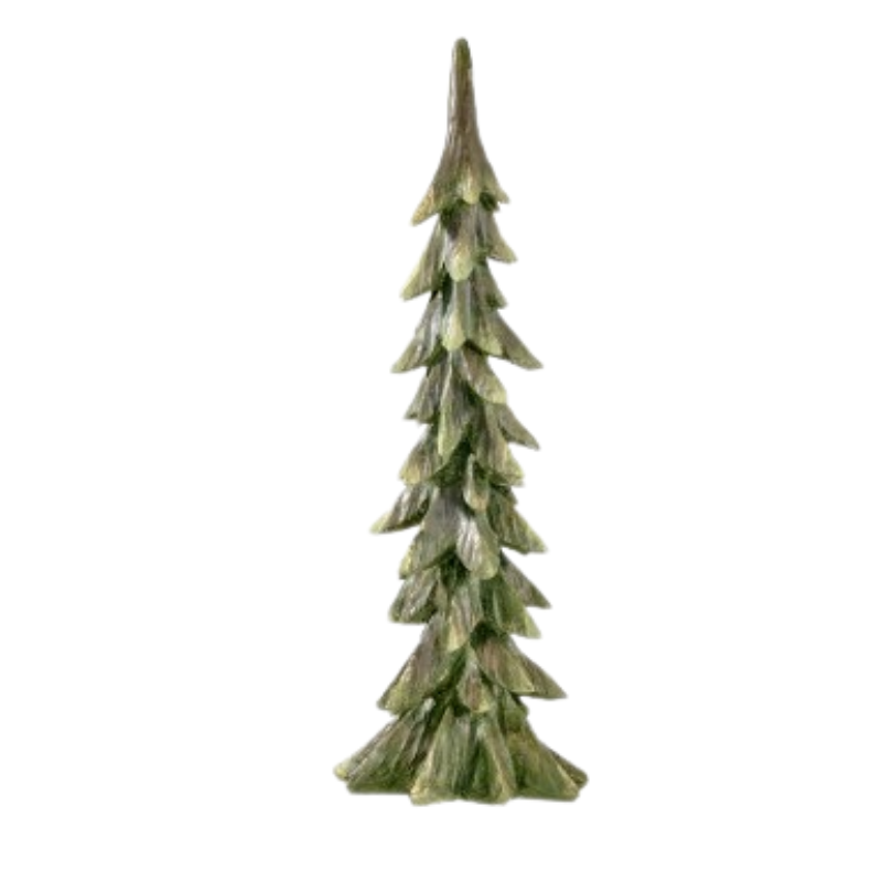 Tall, slender resin antique forest tree figurine with sculpted green and brown textured branches.