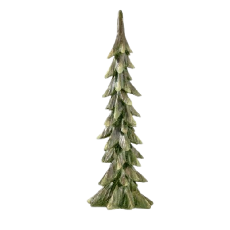 Tall, slender resin antique forest tree figurine with sculpted green and brown textured branches.