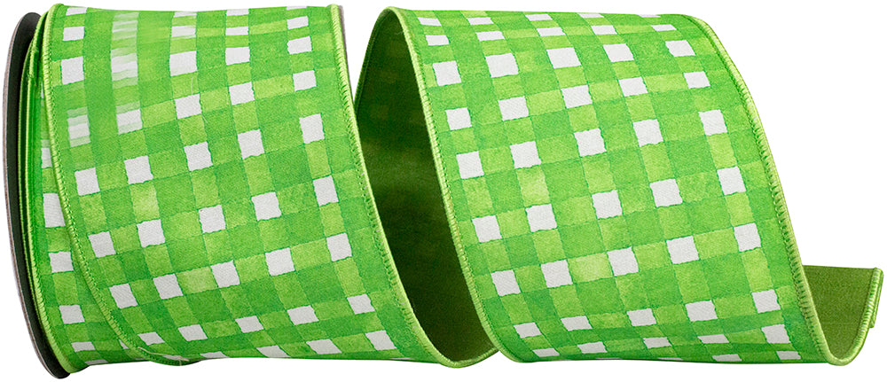 Green and white watercolor check wired edge ribbon with a deluxe dupioni backing.