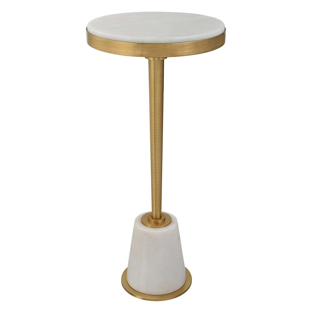 Edifice drink table with a white marble top and base, supported by a gold metal stem.