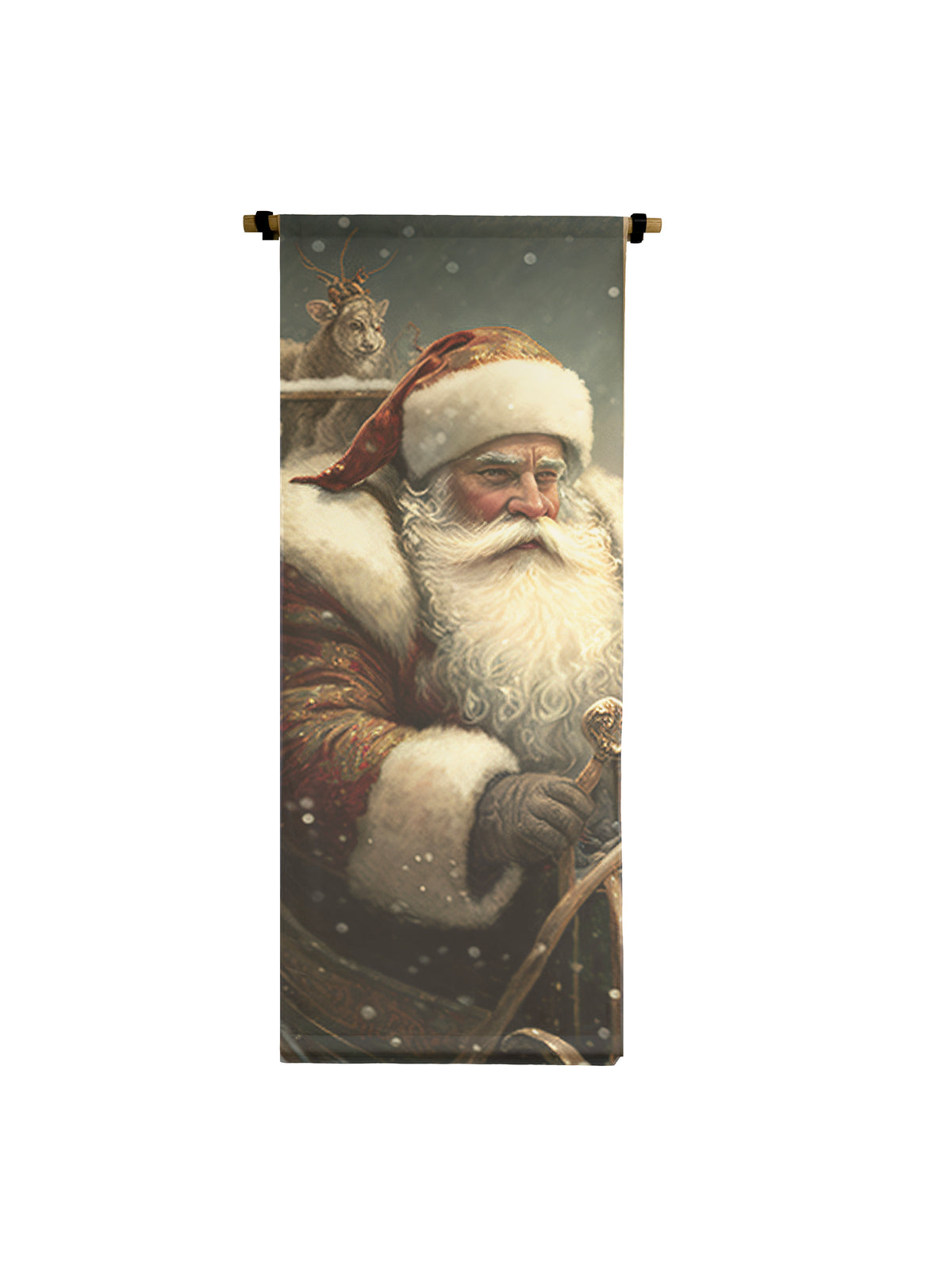 Vertical canvas scroll featuring a classic Santa Claus in his sleigh with a reindeer.