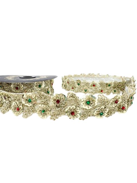 Gold metallic dupion ribbon with embroidered jeweled flowers and leaves in red and green.