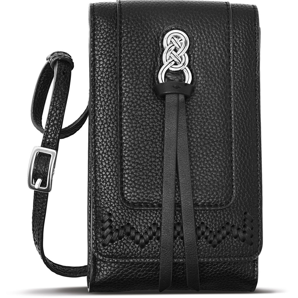 Leather phone organizer with Celtic-inspired hardware, woven details, ID window, four card slots, and adjustable strap closure.