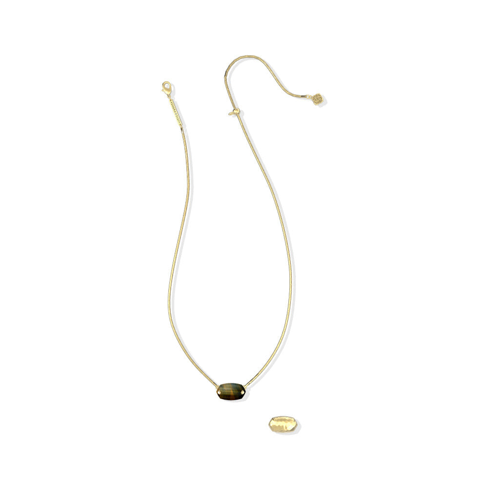 Elisa Riveted Short Pendant Necklace with a reversible tiger's eye stone and hammered gold metal.