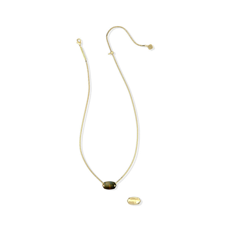 Elisa Riveted Short Pendant Necklace with a reversible tiger's eye stone and hammered gold metal.
