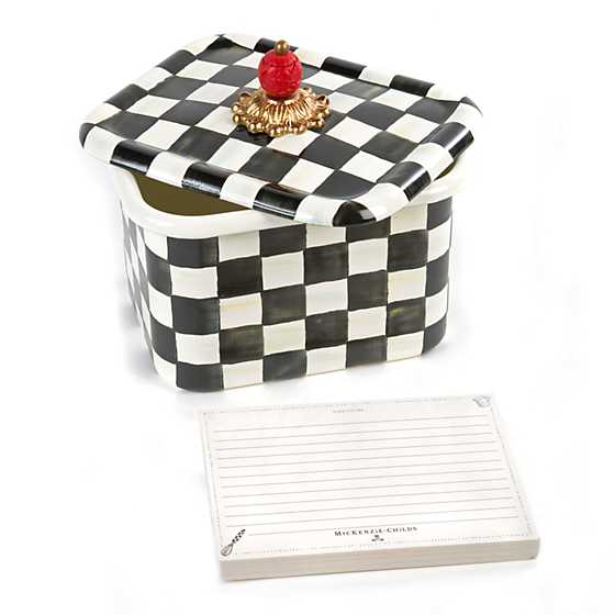 Courtly Check Enamel Recipe Box with a stack of recipe cards in front.