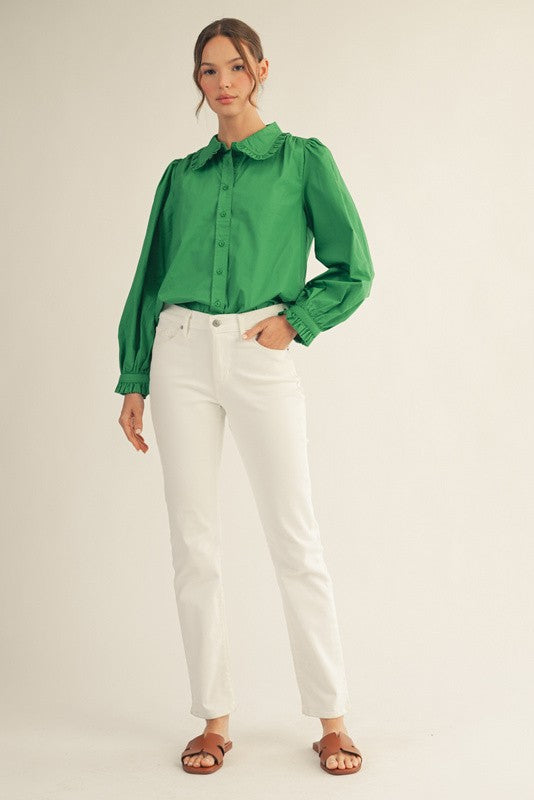 Cindy ruffle button-down shirt in white cotton with a relaxed fit.