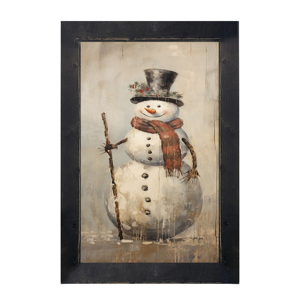 Rustic Happy Snowman print in black on reclaimed barn wood frame with visible saw cuts.