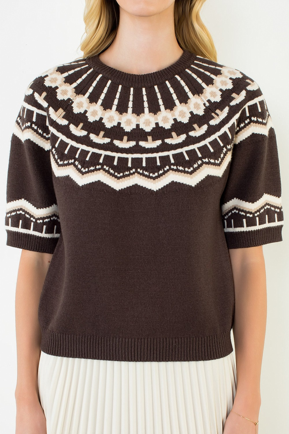 Nicole Short Sleeve Pattern Sweater in brown with white and tan geometric fair isle yoke design.