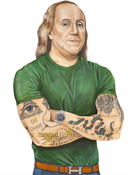 Artwork print of Benjamin Franklin with tattoos, wearing a green t-shirt and jeans.