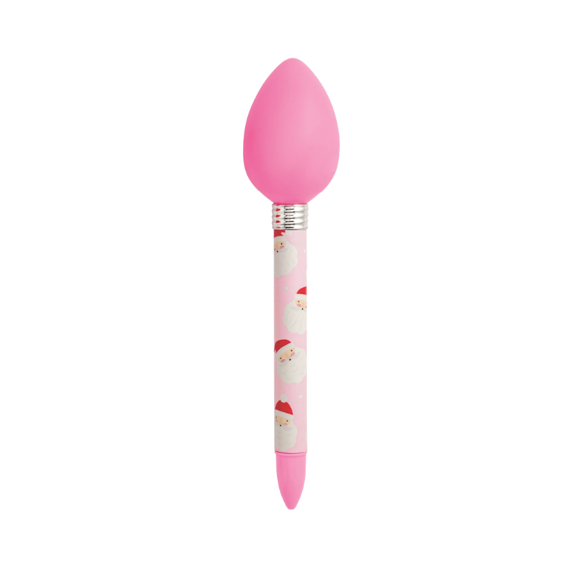 Pink Christmas bulb light-up pen with Santa Claus pattern on the barrel.