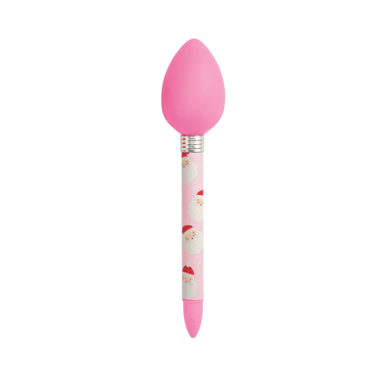 Pink Christmas bulb light-up pen with Santa Claus pattern on the barrel.
