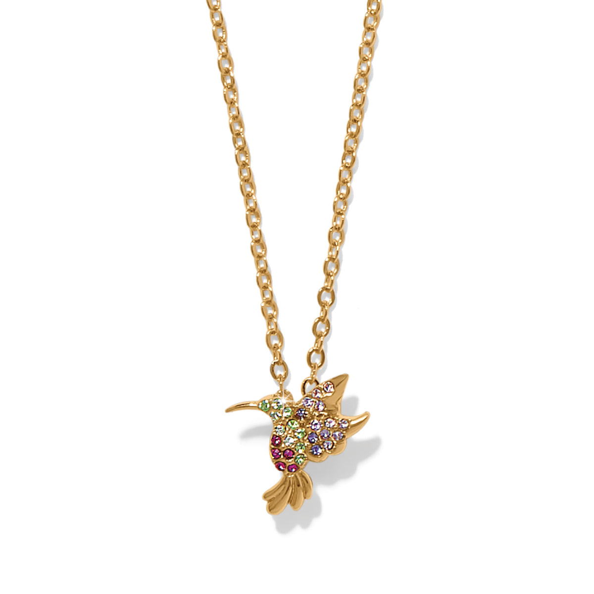 Gold plated necklace with a hummingbird pendant featuring fine quality crystals on an adjustable chain.
