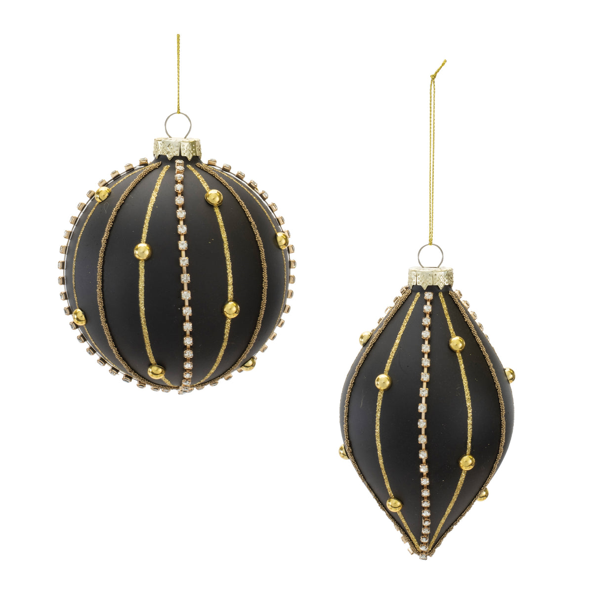 Matte black glass ornaments with gold glitter stripes and rhinestone accents, sold individually.