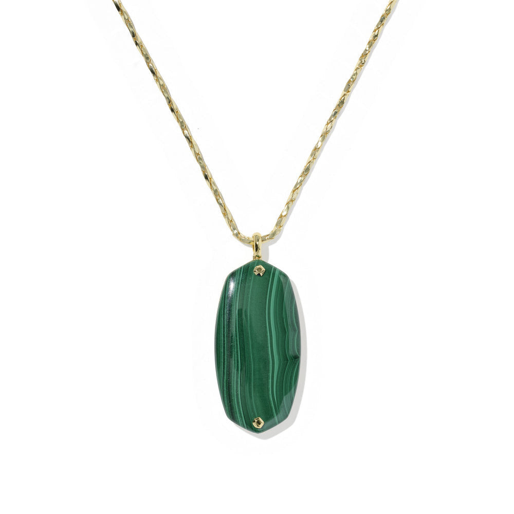 Danielle Riveted Long Pendant Necklace with a green malachite stone and gold chain.