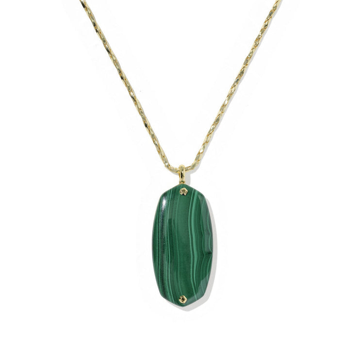 Danielle Riveted Long Pendant Necklace with a green malachite stone and gold chain.