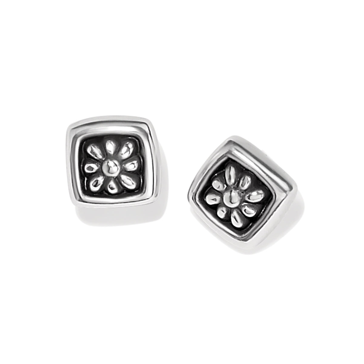 Silver plated post earrings with flat disc backs featuring a daisy-inspired drop silhouette.