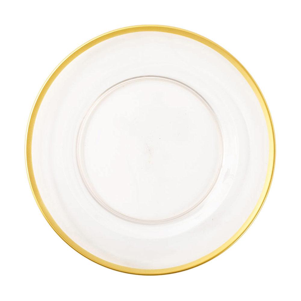 Clear acrylic charger plate with a metallic gold rim, 12-inch diameter.
