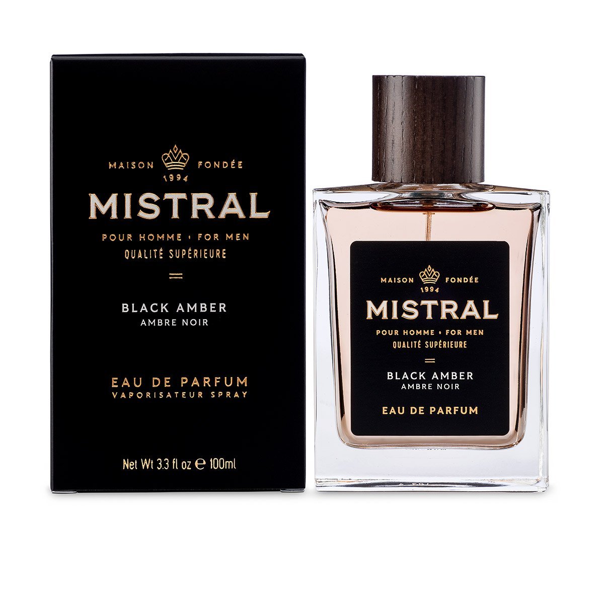 Black Amber Eau de Parfum bottle with amber liquid inside a dark glass container.