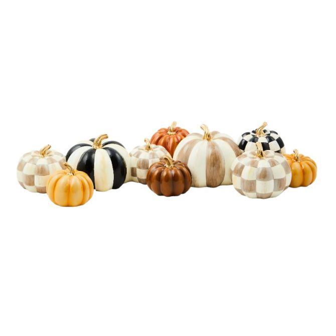 Autumnology decorative pumpkin cluster with checkered, striped, and solid orange patterns.