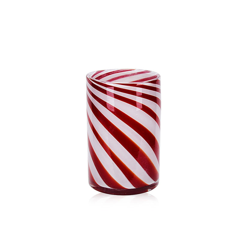 Christmas vase with candy cane-inspired diagonal stripes in red and white.