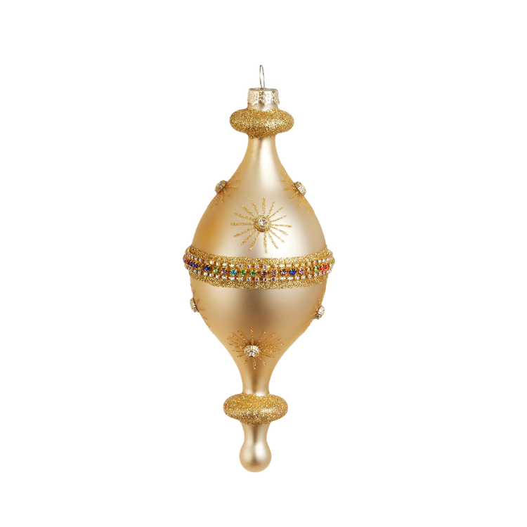 7.5-inch gold glass finial Christmas ornament with glitter accents and colorful jewels.