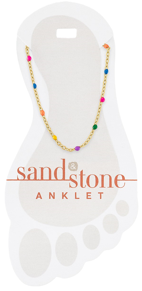 Gold chain anklet with small rainbow-colored beads on a white foot-shaped display card.